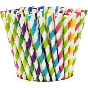 GUSTO [200 Pack] Striped Paper Drinking Straws Sturdy & Non-Soggy 100% Biodegradable, Food-Safe Ink, and Multi-Layered for Long-Lasting Use Vibrant Assorted Colors (Formerly Comfy Package)