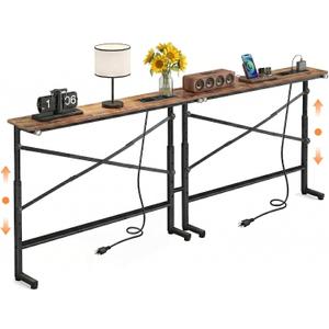 78.8inch Adjustable Height Narrow Sofa Side Table with 2 Power Outlets, Couch Behind Table for Small Space, Hallway, Entryway, Bedside, Bedroom, Stable, Easy to Assemble & Clean(Rustic Brown)