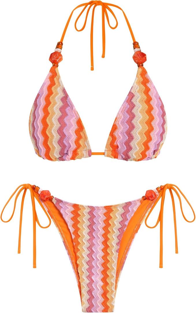 ZAFUL Women's Bikini Sets Beads Triangle Swimsuits 2 Piece String High Cut Cheeky Bathing Suits (Large, Orange)