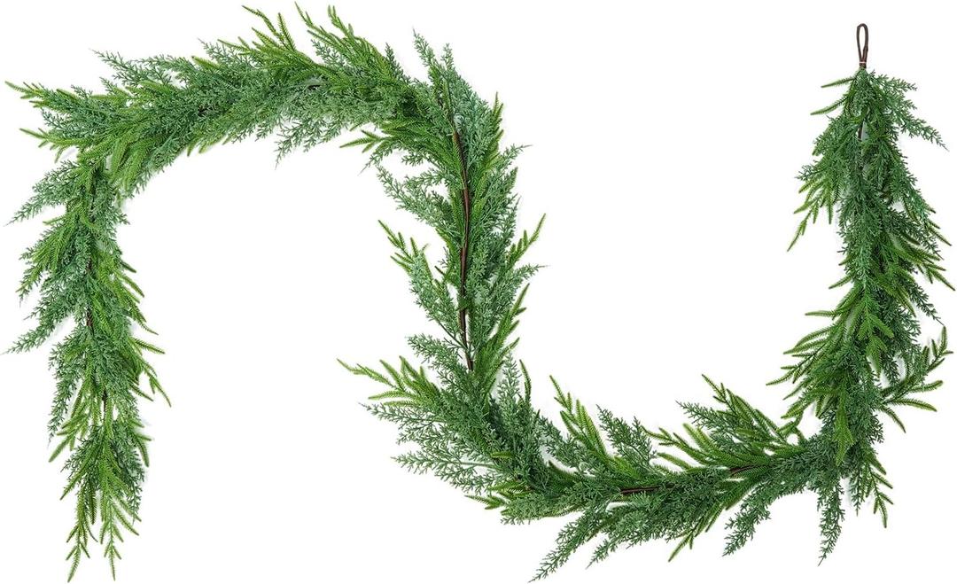 Real Touch Winter Pine Garland, Realistic Christmas Greenery for Fireplace,Table, Stairs, Mantle, Window,Indoor Outdoor, Home, Holiday Decor(Norfolk Pine,9 FT)