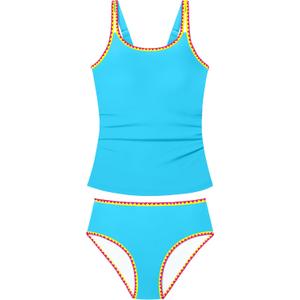 Girls Swimsuit Solid Color 2 Piece Bathing Suit Contrast Trim Girls Tankini Adjustable Straps Modest Swimwear 9-16y (Blue)