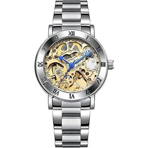 MASTOP Women's Watches Automatic Steampunk Self Winding Mechanical Silver Bracelet Ladies Skeleton Wrist Watch (Gold)