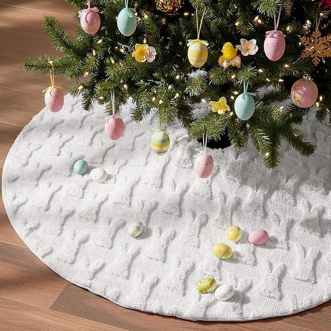 Civaner Easter Tree Skirt 36 Inch White Plush Faux Fur Easter Bunny Eggs Rabbit Tree Skirt Mat for Holiday Party Indoor Outdoor Home Office Decoration