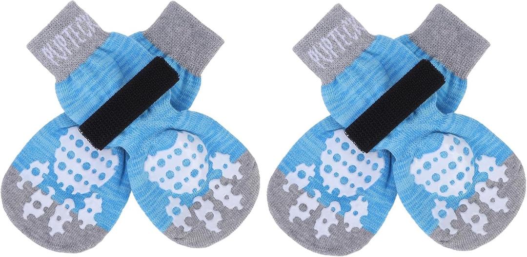 PUPTECK Double Side Anti-Slip Dog Socks with Adjustable Straps for Indoor Wear - 2 Pairs Pet Paw Protection Traction Control Socks on Hardwood Floor (X-Small (4 Count), Blue)