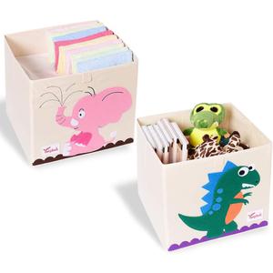 2 Pcs Foldable Animal Toy Storage Box/Bin/Cube, Collapsible Storage Organizer Chest Basket Container for Boys and Girls(13 x 13 x 13 Inch, Dinosaur & Pink Elephant)