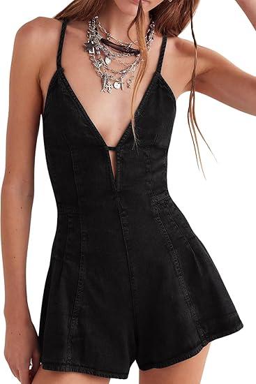 yoeasy Women's Sleeveless Deep V Neck Shorts Denim Romper Spaghetti Strap Tie Backless Ruffle Jean Overalls S yoeasy Women's Sleeveless Deep V Neck Shorts Denim Romper Spaghetti Strap Tie Backless Ruffle Jean Overalls S