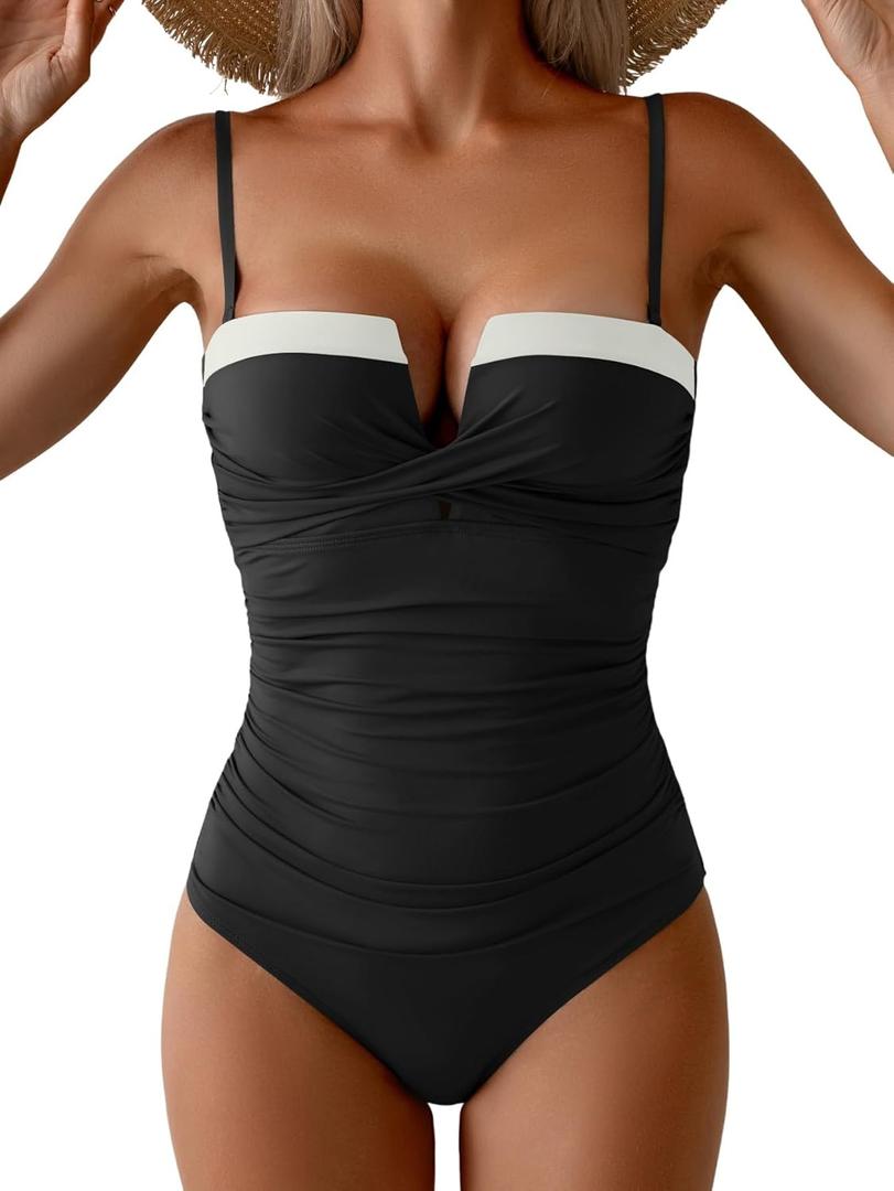 Aidonger Women's Push Up Wrap Swimsuit Tummy Control One Piece Bathing Suits Bandeau Color Block Slimming Swimwear (Medium, Black White)