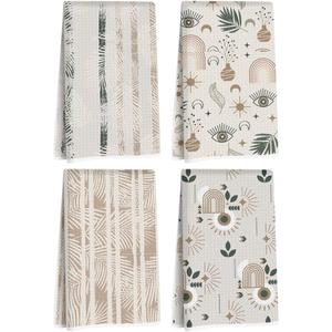 4 Pcs Bohemian Leaves Kitchen Towels, Vintage Decorative Absorbent Microfiber Dish Cloth Tea Towel, Minimalist Art Waffle Soft Hand Towels for Farmhouse Home Bathroom