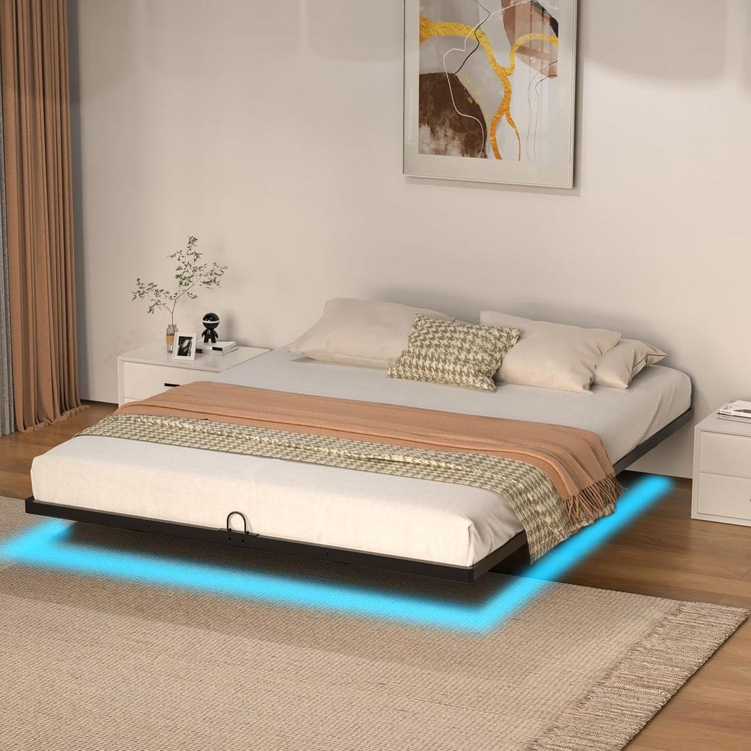 Floating Bed Frame with Smart LED Lights Metal Platform Bed Easy Assembly No Box Spring Needed (King)