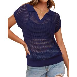 Arach&Cloz 2025 Womens Crochet Cap Sleeve Sweater Vest Knit Tops Spring Summer Shirts Lightweight Collared Hollow Out Casual Blouses Pullover Navy S (S)