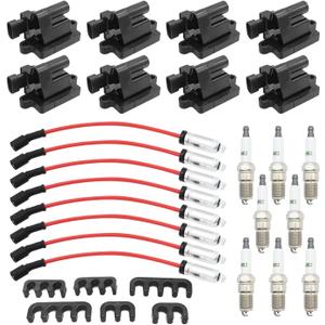 Set of 8 Black Square Ignition Coils + Platinum Spark Plugs and Red Wires Replacement for Chevrolet Chevy GMC Savana 1500 2500 3500 Sierra 4.8L 5.3L 6.0L Replace UF271 748EE 12558693 12570553