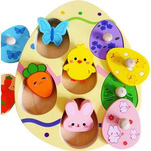 Easter Wooden Peg Puzzle for Toddlers 1 2 3 Years, 6 Colors & Shape Matching Pieces, Montessori Educational Learning Toys Easter Basket Stuffers
