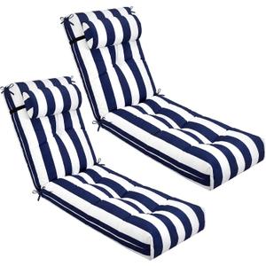 Wenqik Set of 2 Outdoor Chaise Lounge Cushions 76 x 22 x 6 Inch Waterproof Patio Furniture Chaise Cushion with Headrest Pillow Thick Tufted Lounge Pad for Lawn Pool Hotel(Navy Blue White Stripes)