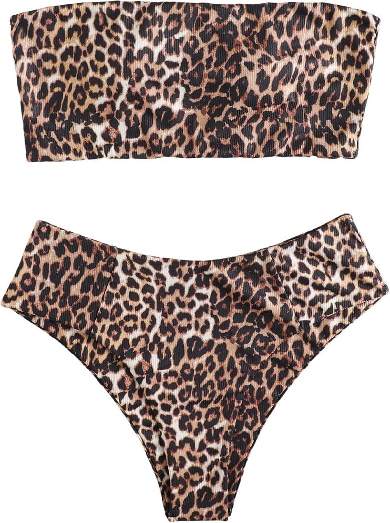 GORGLITTER Women's 2 Piece Leopard Print Strapless Bandeau Swimsuit Tube Top High Cut Bikini Sets (Brown Multicolor) Small