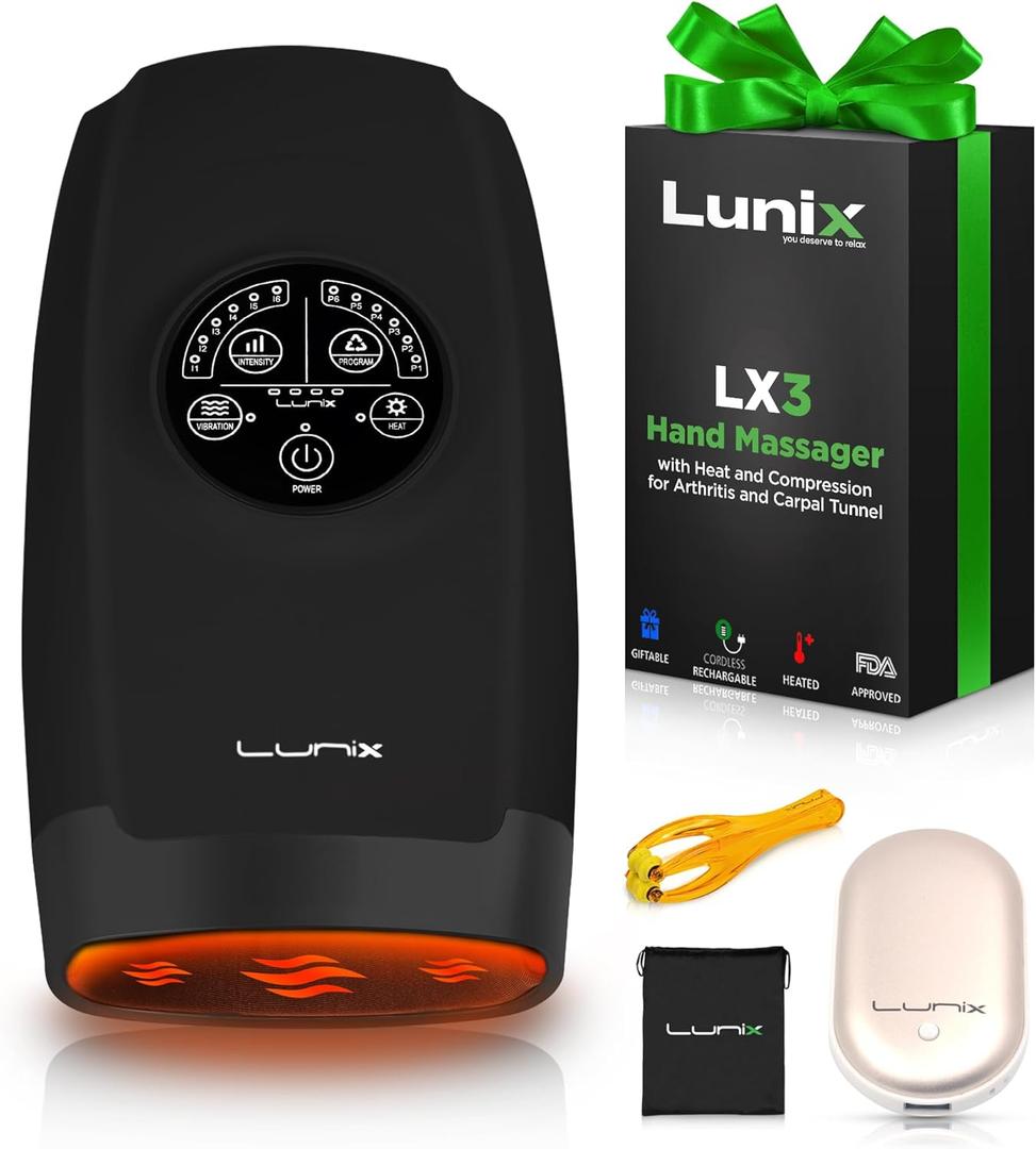 Lunix LX3 Cordless Hand Massager, FSA HSA Eligible, Shiatsu Massage Machine with Heat and Compression 6 Levels Pressure Point Therapy for Arthritis, Pain Relief, Carpal Tunnel and Finger Numbness
