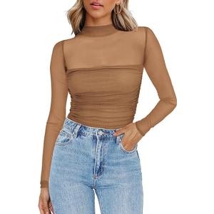 Zeagoo Womens Mesh Sheer Long Sleeve Top Mock Turtle Neck See Though Shirts Ruched Sexy Casual Going Out Blouses (Small, Light Tan)