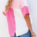 Dokotoo Womens Casual V Neck Short Sleeve Shirts Color Block Back Button Down Blouses Tops (L)