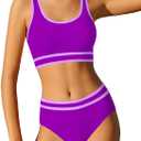 Girls Swimsuit Double Strap High Waist Sporty Bikini Swimsuits Swim Cover Up Skirt 3 Piece Set (15-16 Years, Dark Purple)