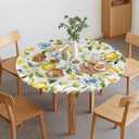 Summer Lemon Round Fitted Tablecloth Farm Fruit Blue Flower Green Leaf Botanical Elastic Table Cloth Waterproof Oil Proof Table Cover Fits 45"-54" Round Tables for Party Picnic Dinner Decor