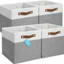 OrganiHaus 12x12 Fabric Storage Bins - Set of 4, Cube Fabric Organizer Bins with Vegan Handles, Kallax Storage Cubes, Cubbies Organizer Boxes, 12Inch Cubic Baskets for Shelves - Grey / White ((12x12) Leather Handles, Gray Base / Off-White)
