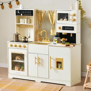 Tiny Land Play Kitchen for Kids, Toy Kitchen Set with Plenty of Play Features, New Modern Kids Wooden Play Kitchen Designed in Trendy Home Style with Curtains, Gift for Ages 3+, 43L x 40H x 14W Inches