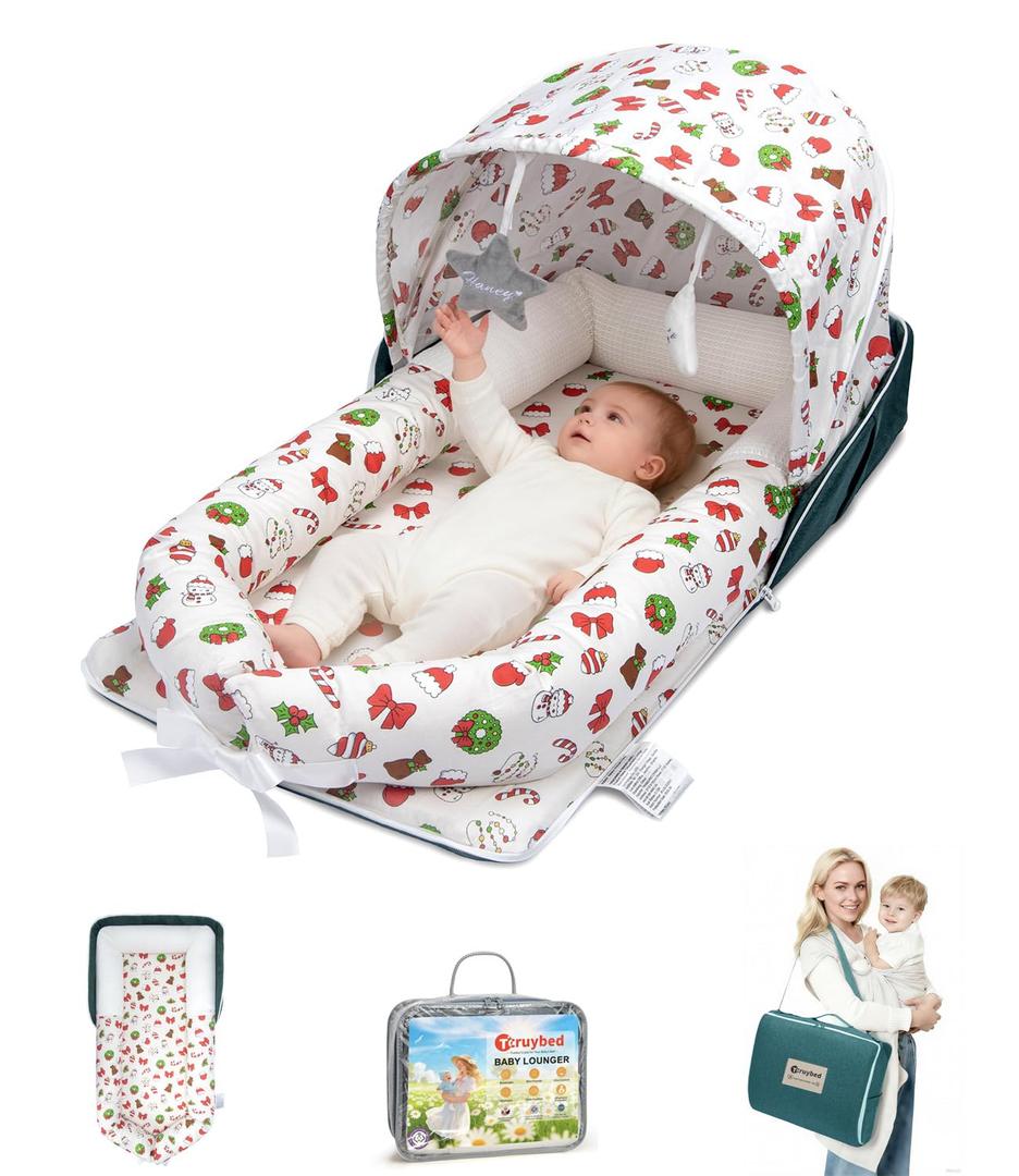 Baby Lounger with Canopy, Foldable Portable Infant Support Cushion for 0-12 Months Newborn, Soft Breathable Washable Baby Nest with Adorable Pattern, Perfect for Home Outdoor Supervised Awake Time