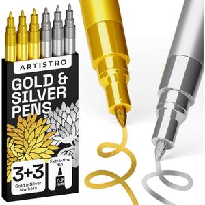 ARTISTRO 6 Gold & Silver Metallic Acrylic Paint Pens 0.7mm Extra Fine Tip Paint Pens for Crafts, Rock Painting, Greeting Cards, Ornament Decor, DIY Art