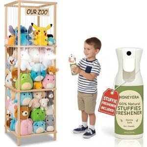 Honeyera Stuffed Animal Storage & Organizer with Stuffies Freshener Spray, Wooden Cute Zoo Toy Holder for Toddler Rooms, Playrooms & Bedrooms
