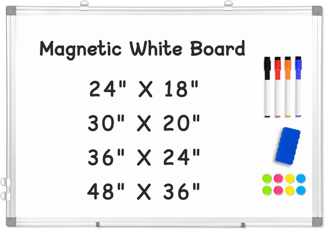 Double-Sided Magnetic Whiteboard, 24" x 18" Dry Erase Board Aluminum Frame for Wall, White Board Marker Board for Kitchen, Memo, School, Home, Office
