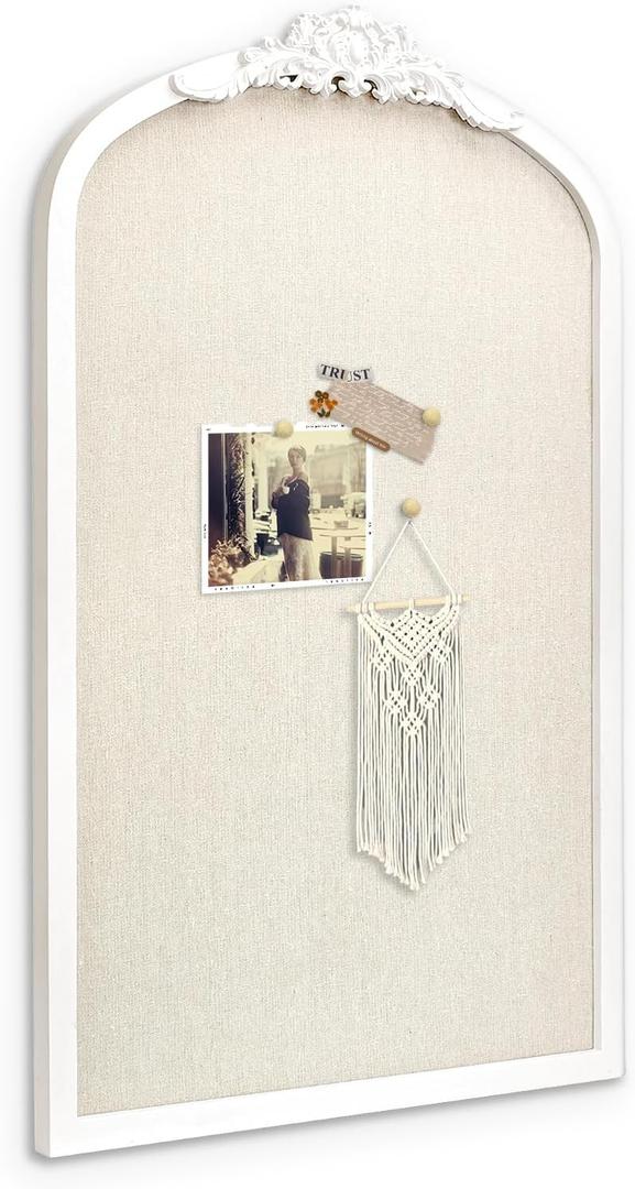 Bulletin Board with Linen, Vintage Arch Framed Pin Board  19 x 31 White Cork Board for Walls, White Pine Wood Frame, Fabric Pinboard, Vision Board for School, Home & Office