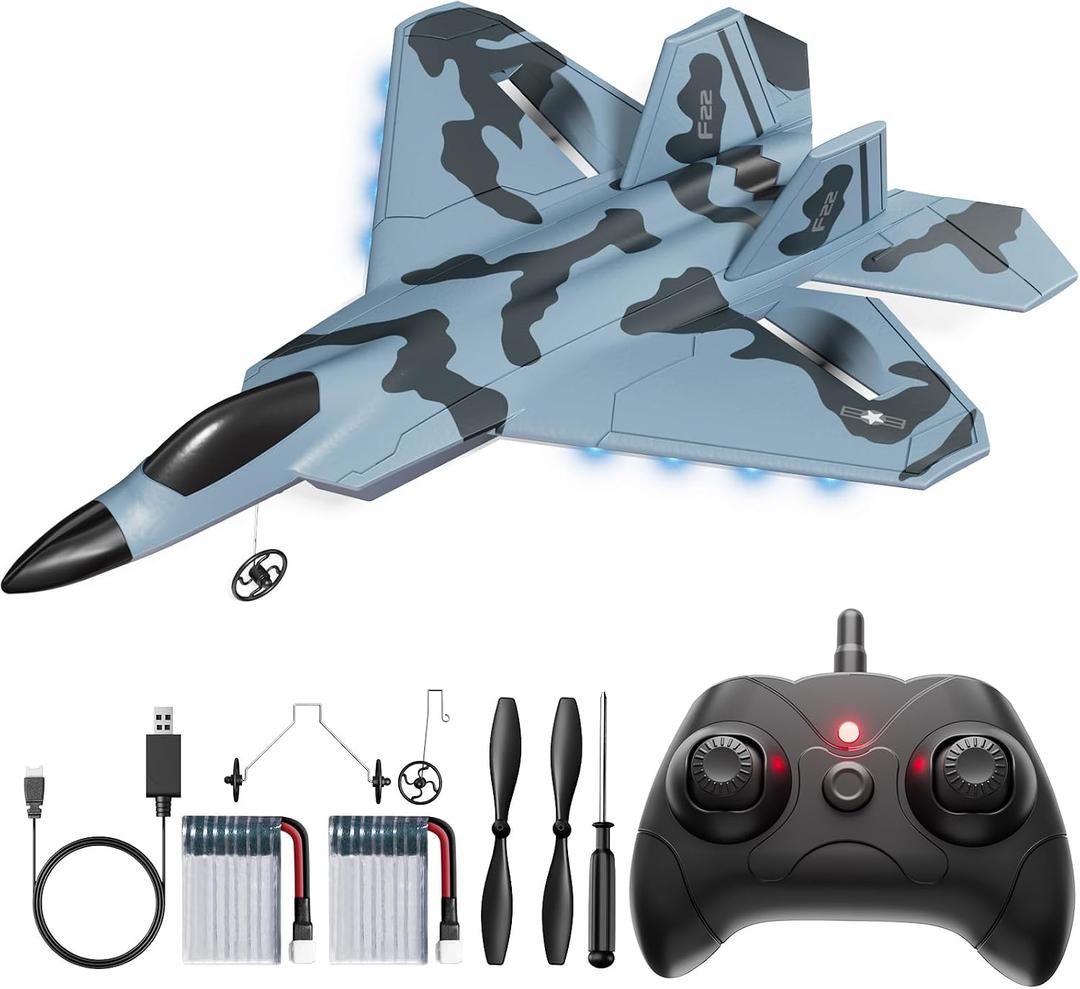 RC Plane, Remote Control Airplane, Drone for Kids and Beginners F-22 Glider Fighter Jet, Ready to Fly 2CH 2.4GHz Flying Toys with LED Lights, 2 Takeoff Modes, Auto Balance, 2 Batteries, 9.5 inches x 3 inches x 14 inches