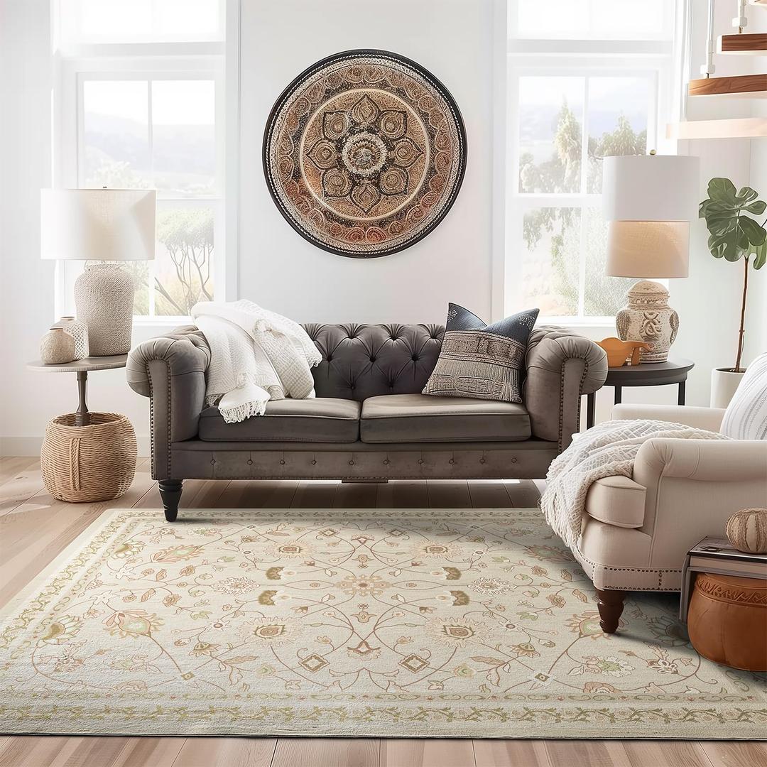 EverGrace Area Rugs for Living Room 8x10, Boho Floral Faux Wool Indoor Outdoor Rugs, Washable Rugs for Bedroom Dining Room Entryway Kitchen, Low Pile Floor Mat Carpet for Home Decor, Natural Beige