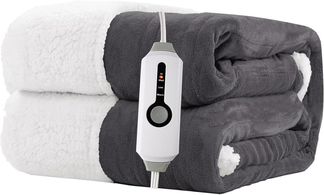 Electric Heated Blanket 50"x60" Throw Size for Safe All Night Rest, Dual-Sided Microplush Sherpa for Bedroom Couch Use, 4 Heat Settings & 3 Hours Auto Off Energy Saving, Machine Washable - Iron Gray