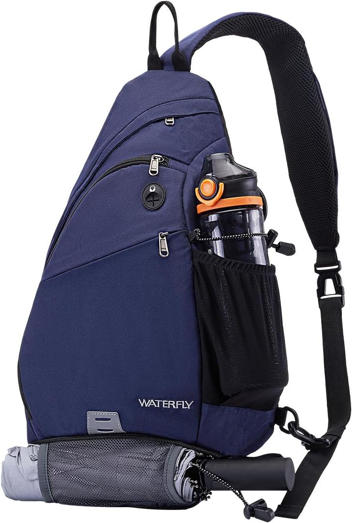 WATERFLY Sling Bag Crossbody Backpack: Over Shoulder Daypack Casual Cross Chest Side Pack (Large, Blue)