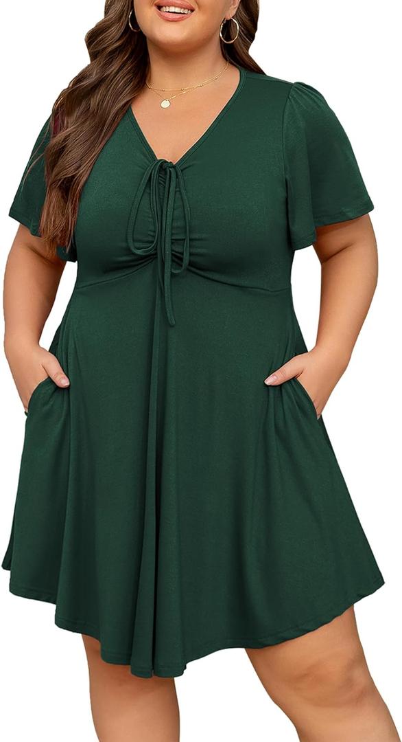 Manllenshie Women's Plus Size Dresses Casual Flowy Dress with Pocket Short Ruffle Sleeve V Neck Drawstring Bow Summer (4X-Large, Emerald Green)