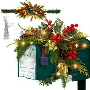 Giegxin 71 Inch/5.92 ft Christmas Mailbox Swag with Light, Wintry Berries Lighted Christmas Mailbox Garland Wreath, Artificial Pine Rattan Pine Cone Red Berries Greenery Xmas Outdoor Porch Decoration
