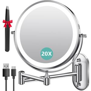 Auxmir 1X/20X Wall Mounted Makeup Mirror with Light, 8" Rechargeable Double-Sided Magnifying Mirror, Vanity Mirror Dimmable 3 Color Light, 360 Extension Rotation Foldable 14.5 Inch Arm, Chrome