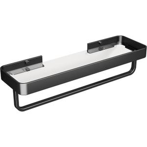 Danpoo 16 Inch Long Floating Bathroom Shelf with Towel Bar, Clear Tempered Glass Wall Shelf with Hand Towel Holder for Bathroom Storage Organizer, Matte Black