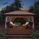 Pop Up Gazebo 11x11，Canopy Tent with Mosquito Netting, One Push Setup for Backyard Patio Garden with 4 Sand Bags- Khaki