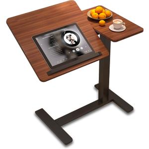 C Shaped Side Table Adjustable Height with Hidden Wheels, Dual Pneumatic Lift & Tilt Top, (23.6''x15.8'')Mobile Overbed Table That Slide Under, Couch End Desk for Hospital Home Office (Walnut)