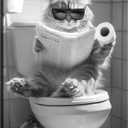 Cat Bathroom Canvas Wall Art Funny Animal Bathroom Wall Art Cat on the Toilet Painting Black and White Animal Toilet Pictures for Bath Restroom Wall Decor Framed 8X10 inch