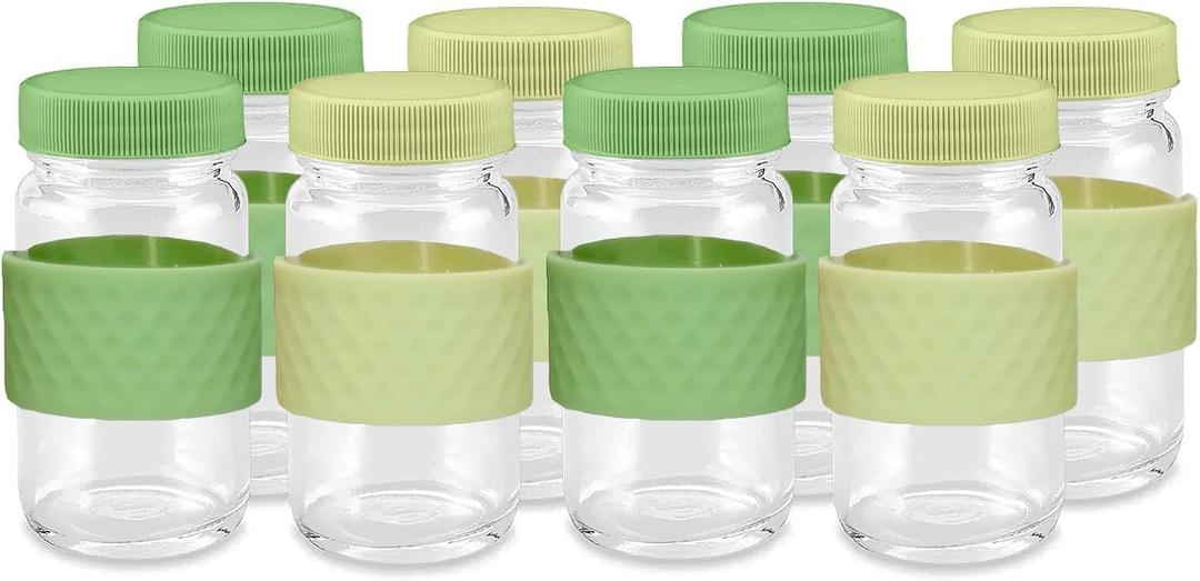 Juice Shot Containers, Glass, Clear, 2oz, Colored Lids & Silicone Grip Bands, Beverage Storage, Juicing, Ginger & Turmeric Bottles (Green)