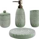 Hymmah Green Bathroom Accessories Set,Farmhouse Bathroom Decor,4 Pcs Resin Gift Set Apartment Necessities, Contain Cotton Swab Jar,Soap Dispenser,TumblerSoap Dish/Tray