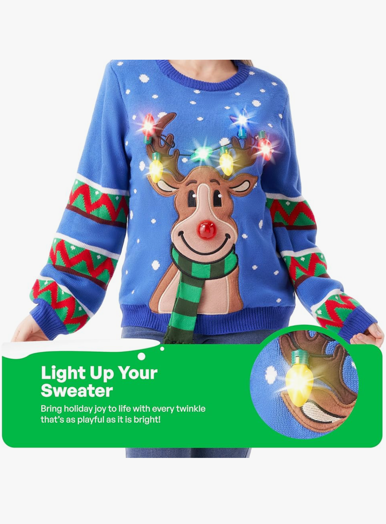JOYIN Ugly Christmas Sweater Women Men Couples, LED Light Up Ugly Christmas Sweater Kids 2025 Reindeer(Blue Large