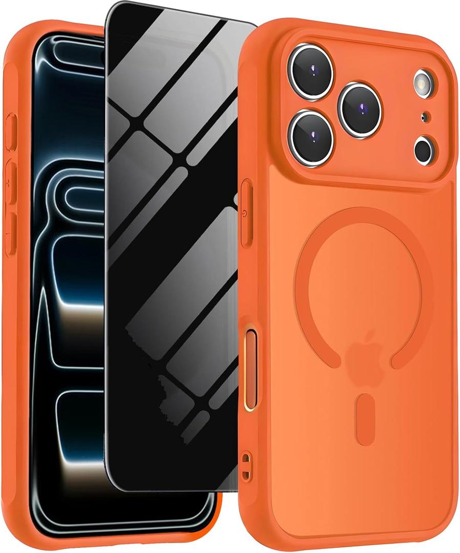 Magnetic for iPhone 17 Pro Max Case Matte with Privacy Screen Protector Compatible with Magsafe Charger, Translucent Matte Phone Case for iPhone 17Pro Max 6.9 inch (Orange)