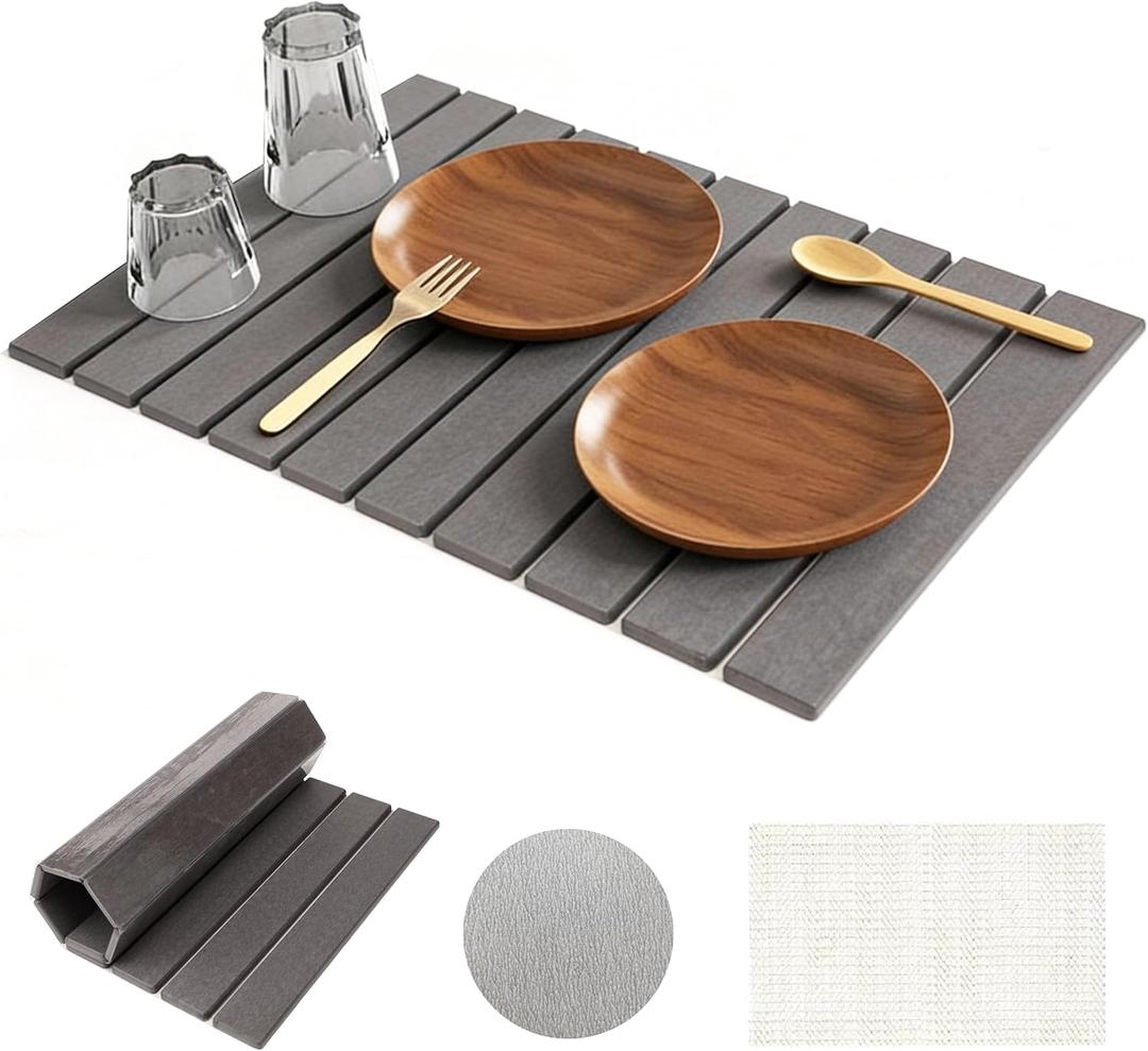 Large Stone Drying Mat for Kitchen Counter, 24"16", Foldable Super Absorbent Stone Dish Drying Mat for Tableware, Bottles and Cups, Non Slip Diatomaceous drying matt kitchen counter (Dark Gray)