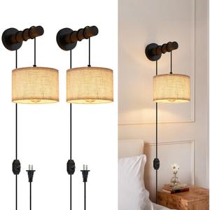 Plug in Wall Sconces Set of 2, Farmhouse Wall Lamp with 5.9FT Plug in Cord, Dimmable Hanging Wall Lighting with Fabric Shade, Adjustable Wall Mount Lights for Bedroom Living Room, Wooden Arm (8.6 Inch-2 Pack)