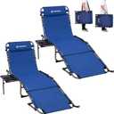 FUNDANGO 400lbs Tanning Chair with Face Hole & Canopy & Side Table, 5 Positions Beach Sunbathing Lounge Chair Facedown Chaise Lounge with Pillow for Pool Outdoor Camping Patio, Set of 2 Blue