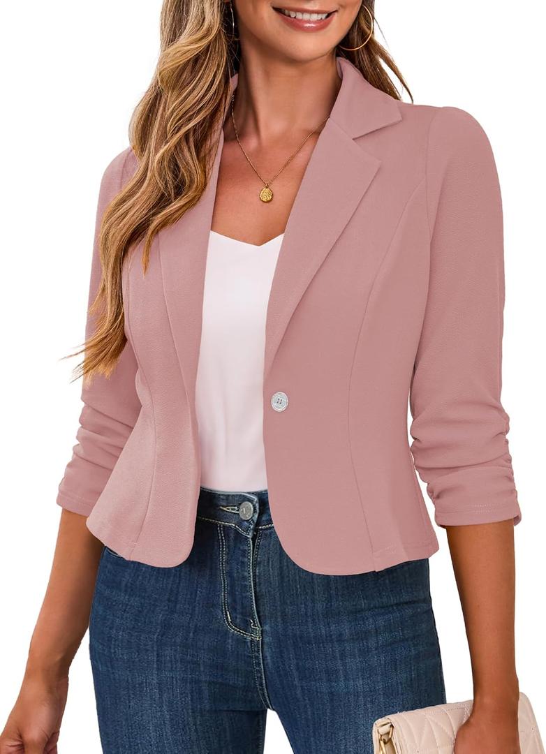 Traleubie Women's Cropped Blazers 3/4 Ruched Sleeve Lightweight Office Wear Short Blazer with Button, (Large)