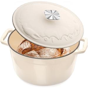 Enameled Cast Iron Dutch Oven - 5QT Dutch Oven Pot with Crab Lid & Oversized Knob & Ergonomic Handles - Heavy Duty Cookware for Braising, Stews, Roasting, Bread Baking - Cream White